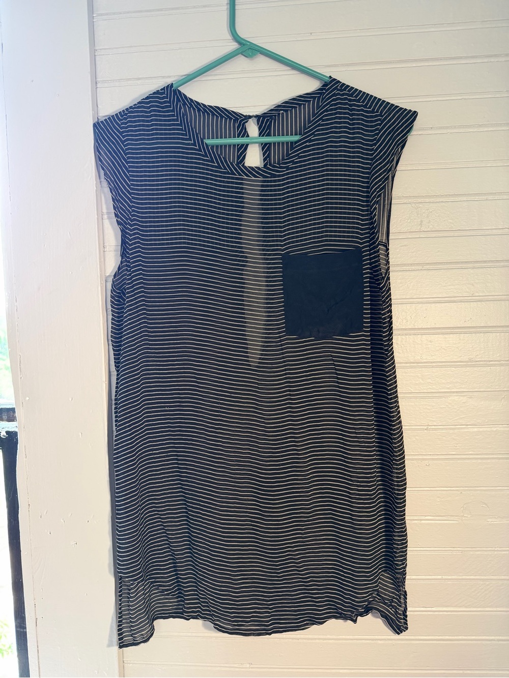 Striped Sheer Silk Black Sleeveless Tunic with Pocket